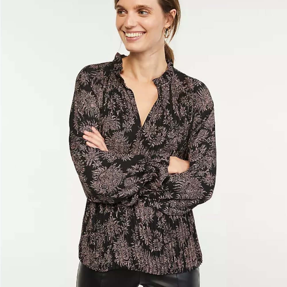 Ann Taylor Black Floral Print Peasant Blouse